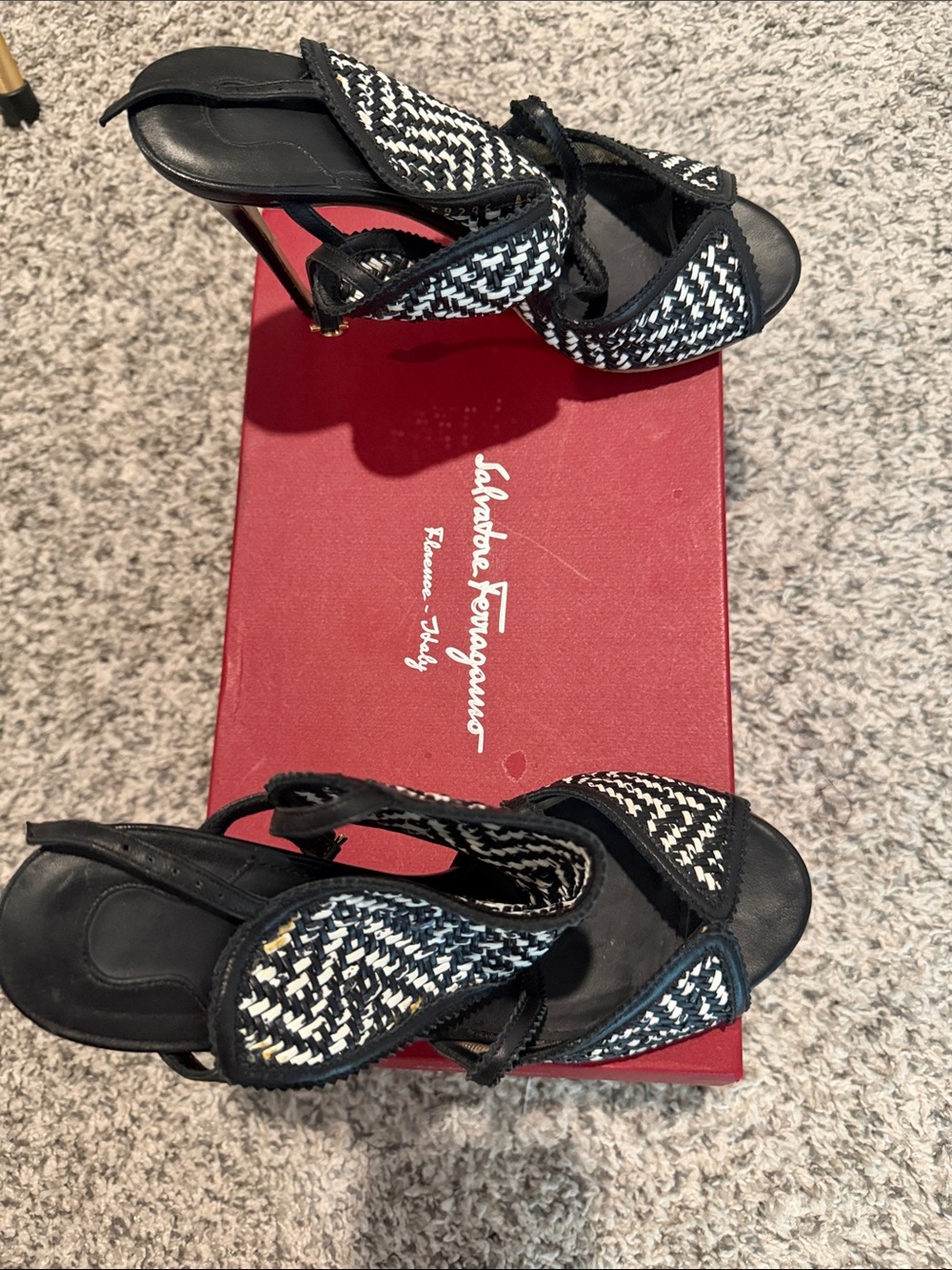 Salvatore Ferragamo Black and White Woven Ankle-Strap Stilettos - Picture 2 of 5